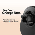 A close-up of a black circular electronic cooling component with a vented fan grille, shown on a light beige background with promotional text reading 'Stay Cool. Charge Fast.