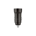 A black car cigarette lighter power adapter with white printed specifications on the side, shown against a plain white background.