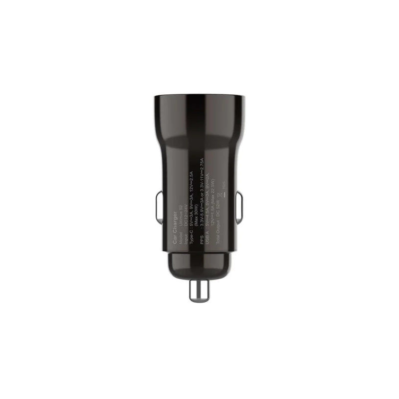 A black car cigarette lighter power adapter with white printed specifications on the side, shown against a plain white background.