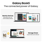 Advertisement for Samsung Galaxy Book5 with device screens displaying features like Nearby Devices and Storage Share.