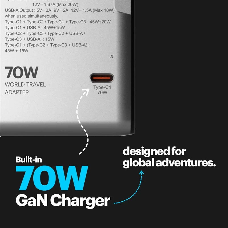 70W world travel adapter with USB-C port and text highlighting its features.