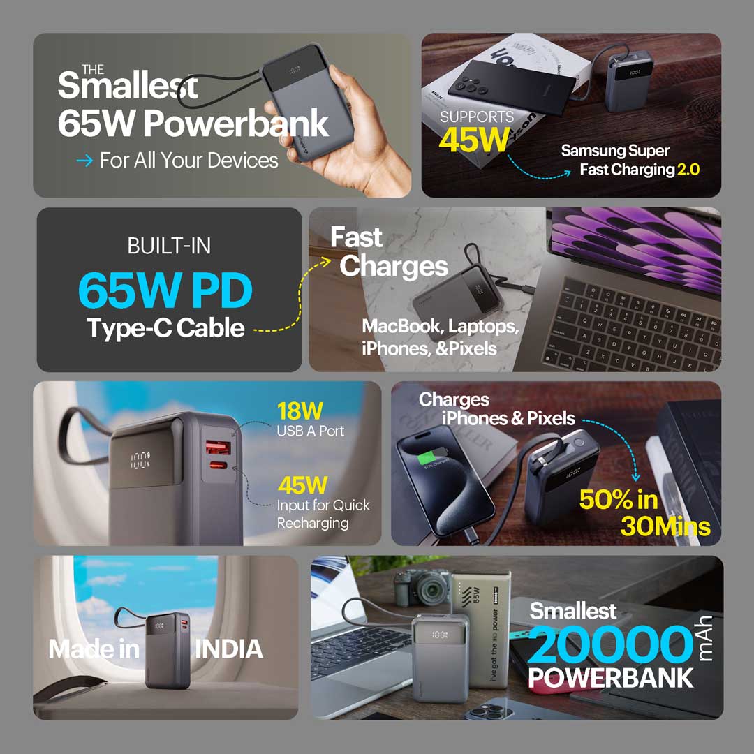 Giga smallest 65W 20000 mAh Powerbank With Built-in Type C Cable