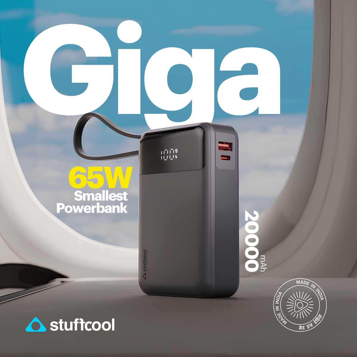 Giga smallest 65W 20000 mAh Powerbank With Built-in Type C Cable