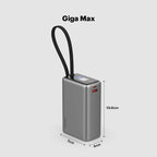 Giga Max power bank with dimensions on a light gray background