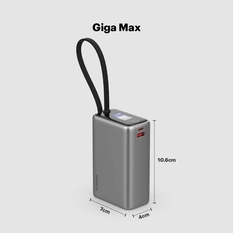 Giga Max power bank with dimensions on a light gray background