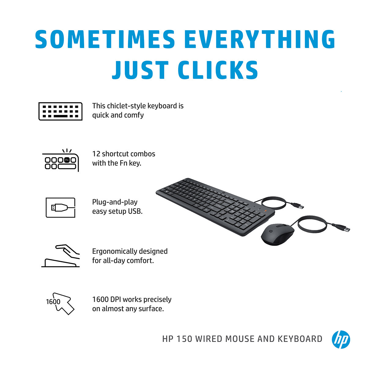 HP 150 Wired Keyboard and Optical Mouse Combo with 1600 DPI