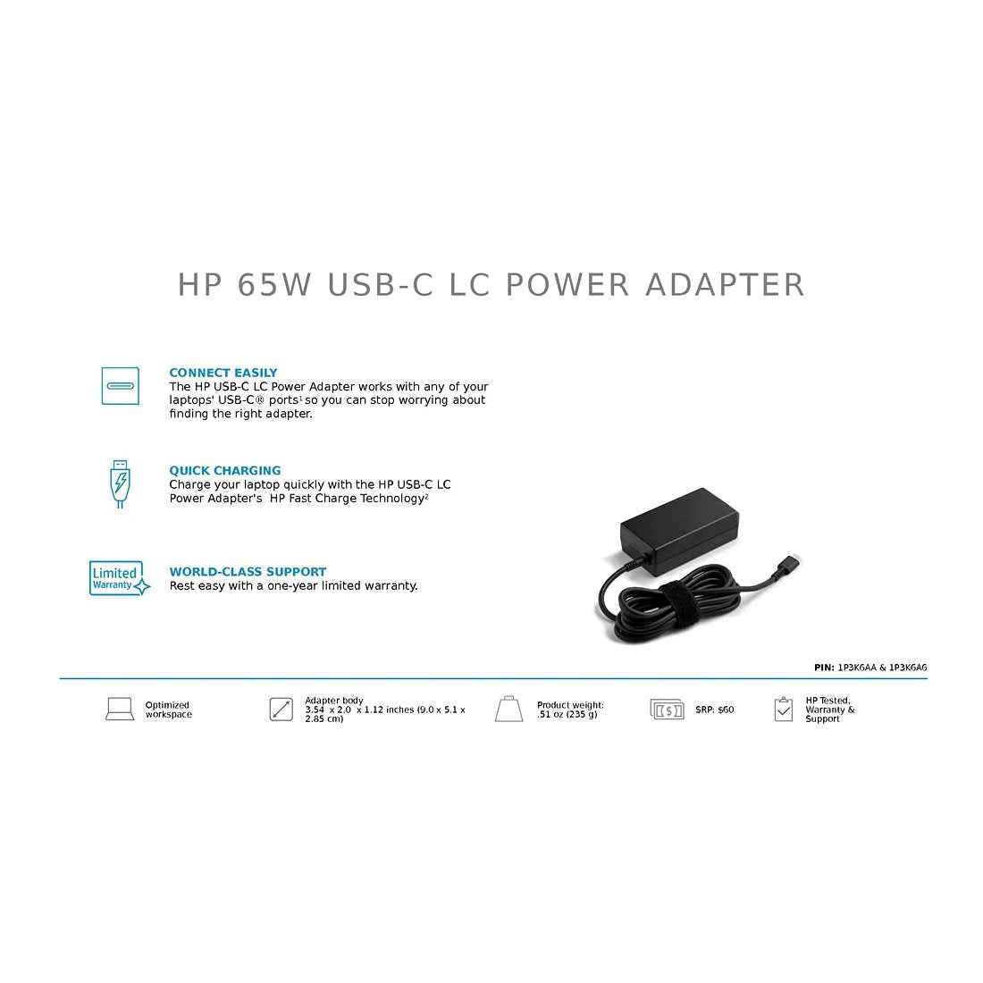 HP Original 65W 19.5V USB Type C Pin Laptop Charger Adapter