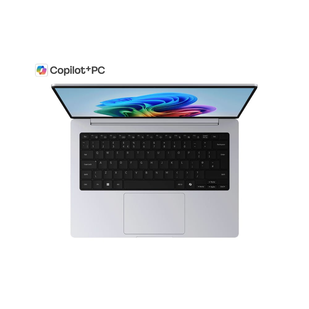 A Copilot+PC laptop shown open from a top-down view on a white background, with the Copilot+PC logo printed above the device.