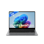 A gray Samsung Galaxy Book5 Pro laptop shown open against a plain white background, with the screen displaying a colorful abstract wallpaper and the text 'Galaxy Book5 Pro' along with an 'Alfa' badge.