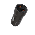 Black car charger with two USB ports on a white background