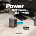 A Jetset Pro 70W GaN travel charger by stuffcool shown on a beige fabric surface with travel props like a phone, sunglasses, camera, and bag in the background. Large text reads 'Power that travels the world' and 'Jetset Pro Smallest World Travel Adapter with built-in 70W GaN charger.