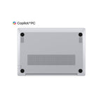 A silver laptop underside with four black feet and a vented grille, shown on a white background with the Copilot+PC logo above.