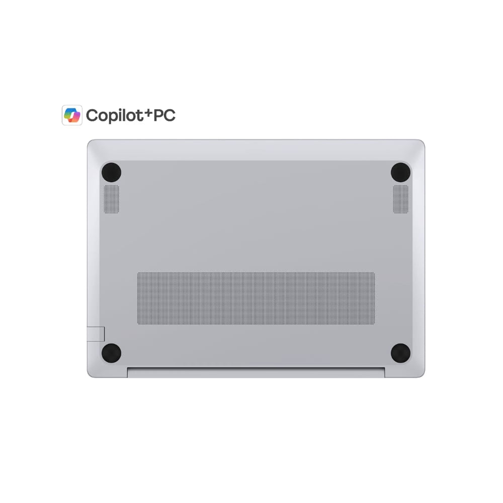 A silver laptop underside with four black feet and a vented grille, shown on a white background with the Copilot+PC logo above.