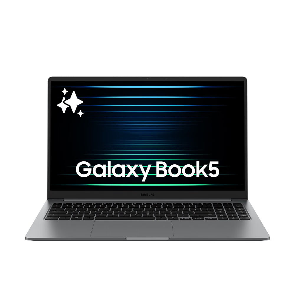 A Samsung Galaxy Book5 laptop shown open and centered on a plain white background, with the screen on and displaying the Galaxy Book5 text.