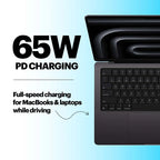 A close-up of a dark gray laptop keyboard and palm rest on the right, with large text on the left reading '65W PD CHARGING' and smaller text stating 'Full-speed charging for MacBooks & laptops while driving' on a light blue gradient background.