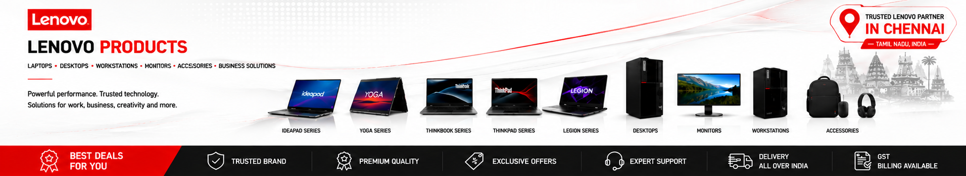 A Lenovo promotional banner featuring Lenovo products such as laptops, desktop towers, monitors, speakers, and a headset, with a red header and footer and a 'Visit Us in Chennai' logo on the right.