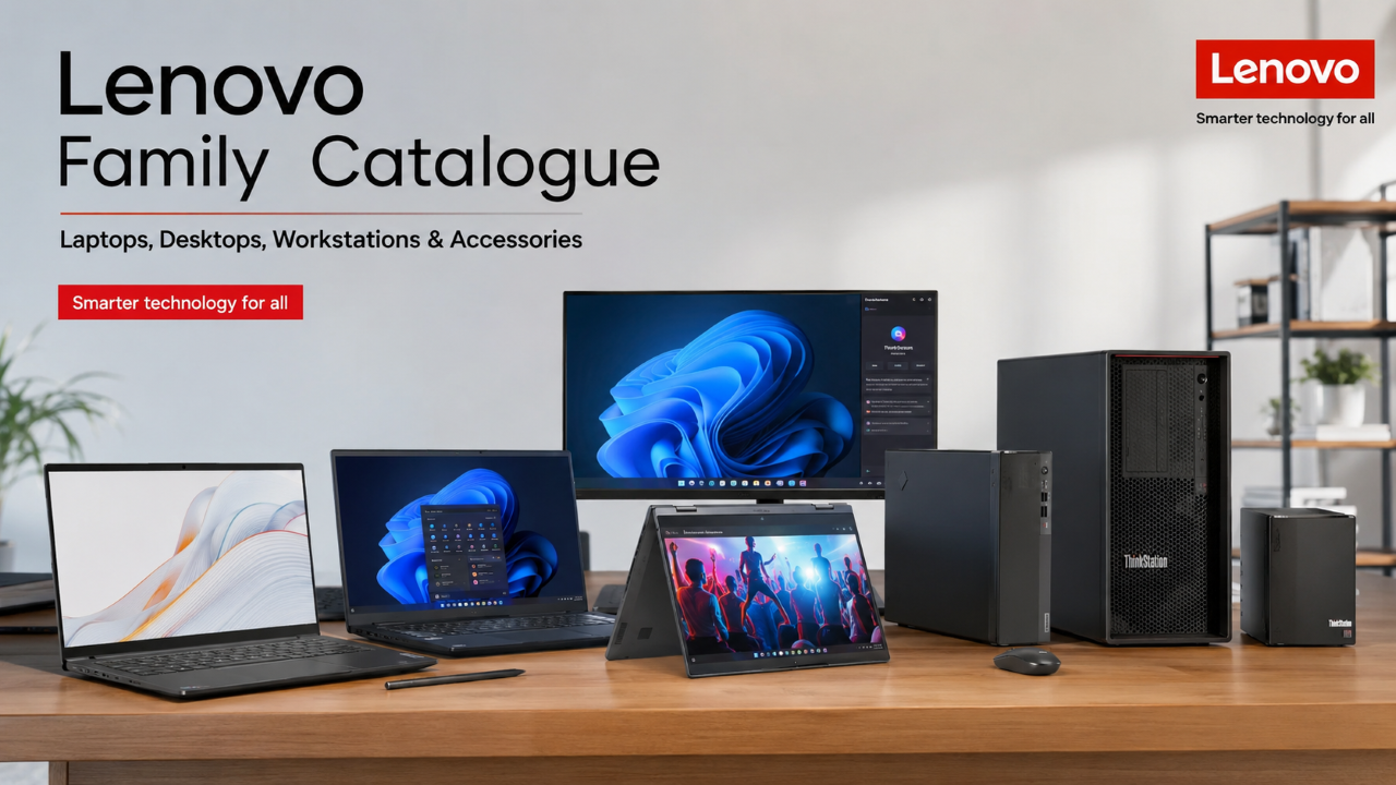 Lenovo Family Catalogue promotional scene showing multiple Lenovo products on a wooden desk in a modern office interior, including laptops, a desktop computer, a tablet, a monitor, speakers, and a tower PC. Large text reads 'Lenovo Family Catalogue' with the Lenovo logo in the top right.