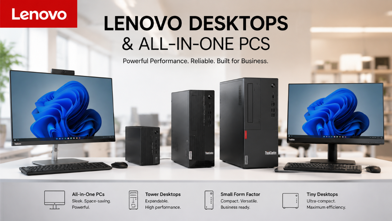 Promotional banner for Lenovo desktops and all-in-one PCs, showing multiple black desktop towers and monitor setups on a white desk in a bright office-like interior. Lenovo branding is visible at top left, with product text and feature icons along the bottom.