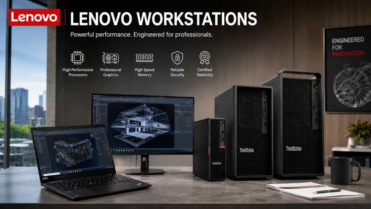 Lenovo ThinkStation workstation lineup displayed in a modern office setting, including a laptop, monitor, small tower, and two larger desktop towers on a desk, with Lenovo branding and feature icons above.