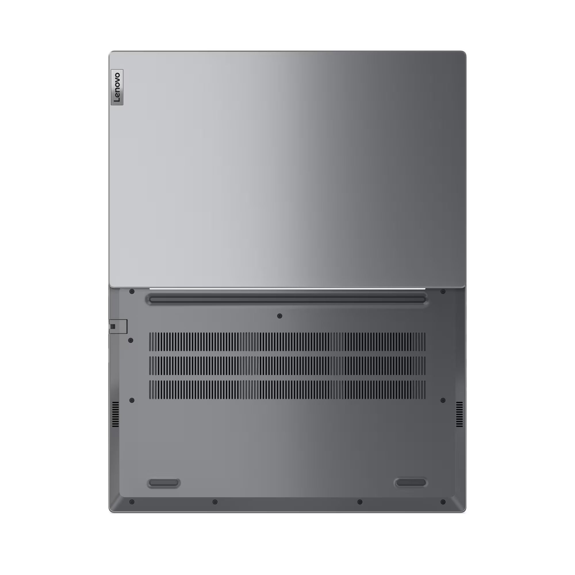 Back view of a Lenovo laptop on a white background