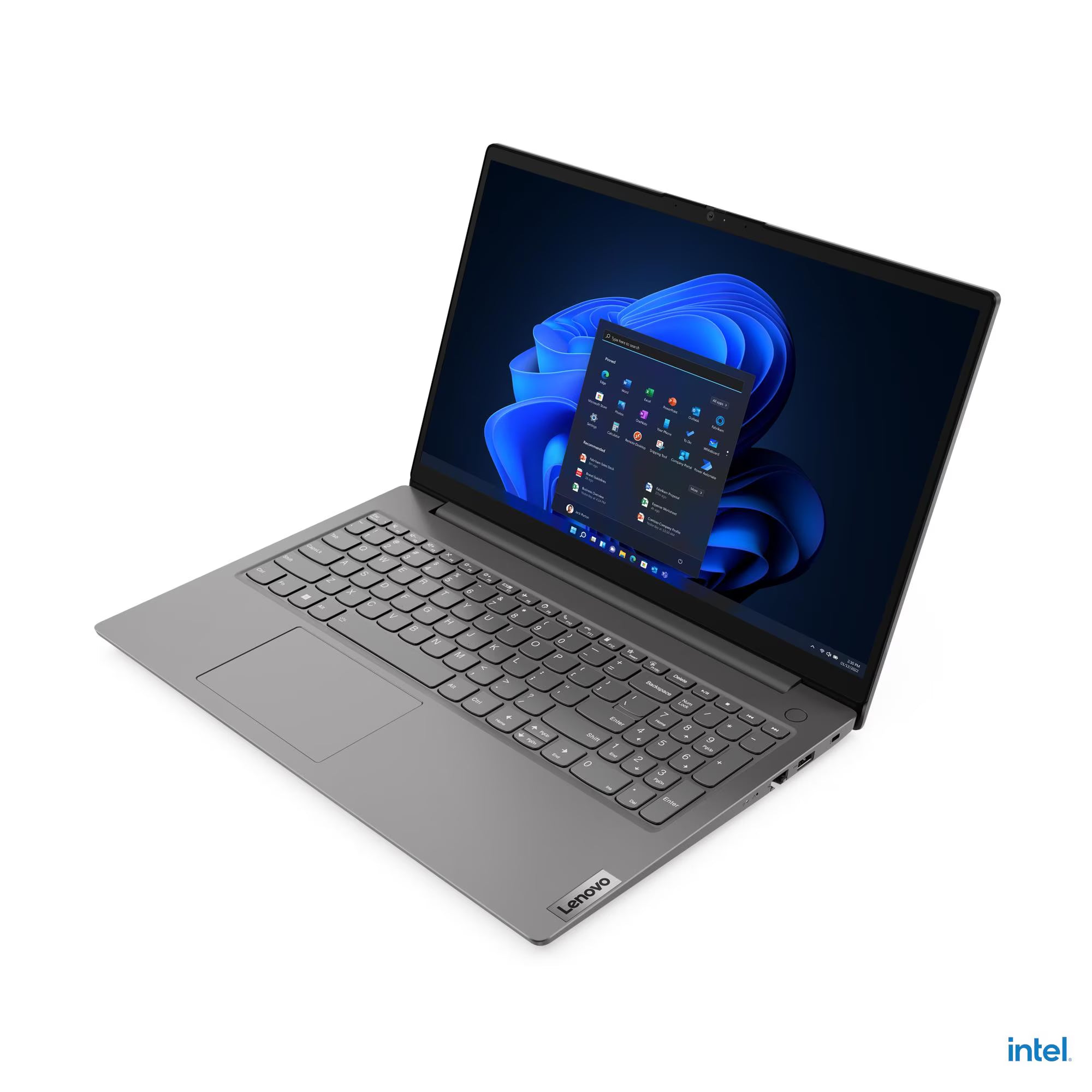 Lenovo laptop with Intel logo on a white background