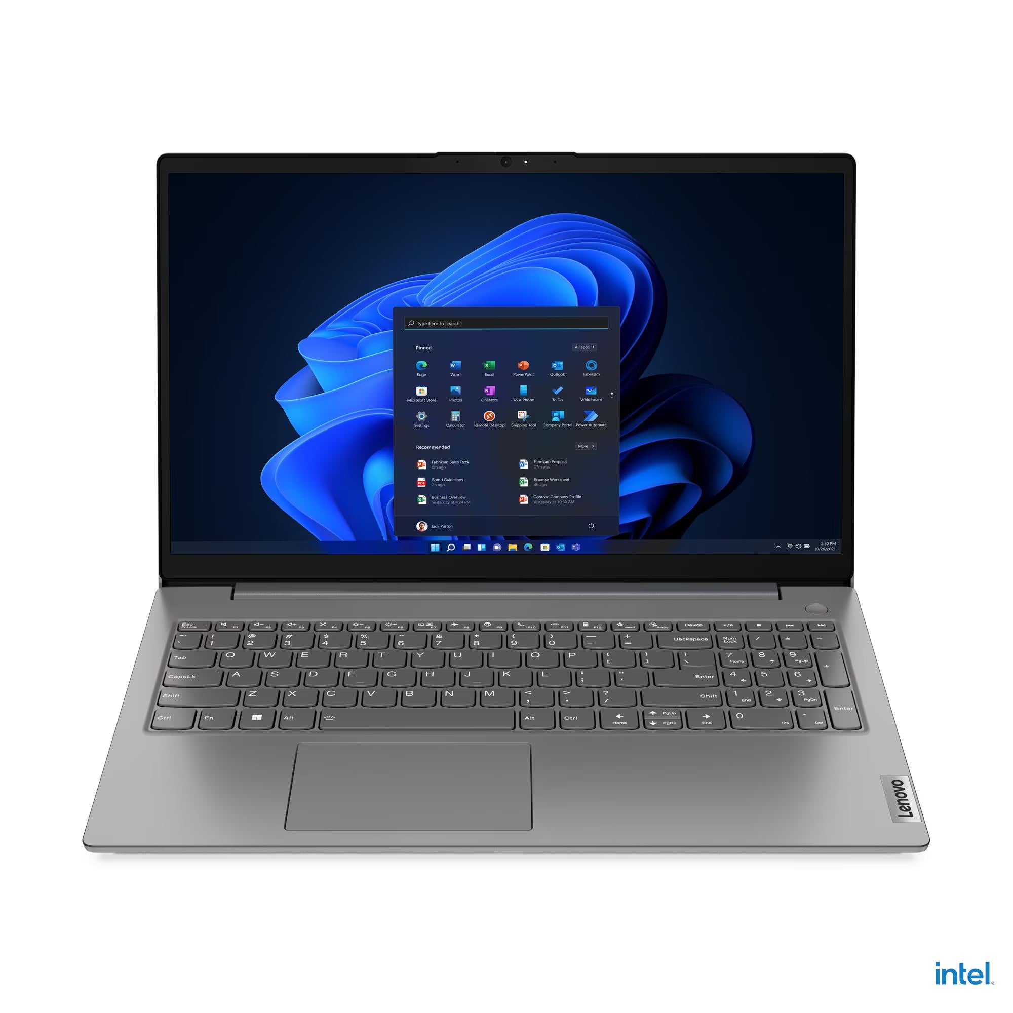 A Lenovo ThinkPad laptop in gray, shown open against a white background. The screen displays the Windows 11 desktop with a blue abstract wallpaper, and an Intel logo is visible in the bottom-right corner of the image.