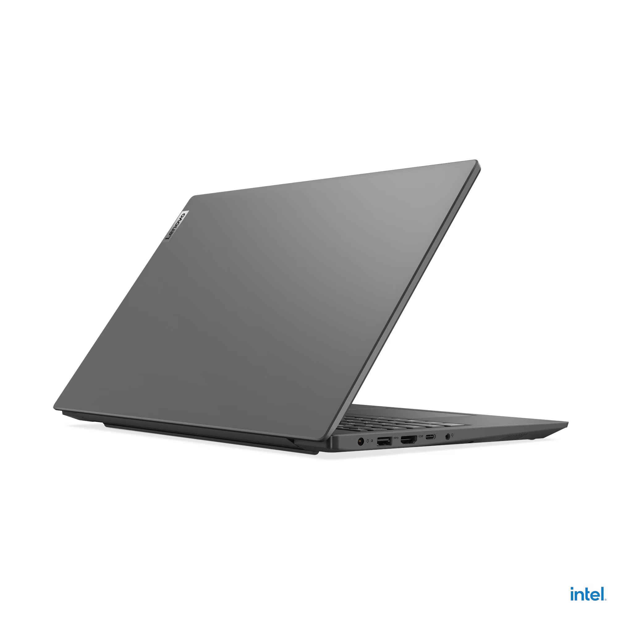 Gray laptop on a white background with Intel logo