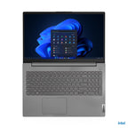 A Lenovo laptop shown open and facing forward on a plain white background. The laptop has a dark gray metallic finish, a black keyboard deck, and a screen displaying a blue-themed desktop interface.