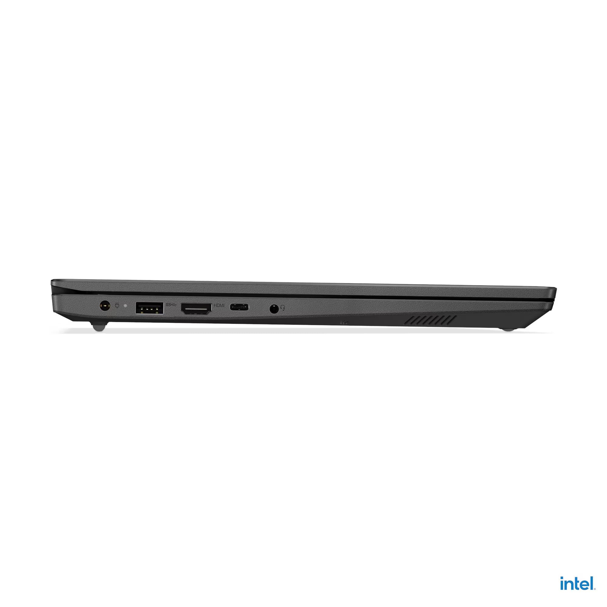 A slim black laptop shown from the side profile against a clean white background, featuring various ports on its left edge including USB-C, USB-A, HDMI, and audio jacks. A small blue Intel logo watermark is visible in the bottom right corner.