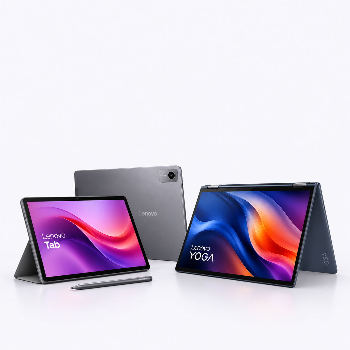 Two Lenovo tablets shown on a clean white studio background: a Lenovo Tab in landscape mode with a kickstand and a stylus in front, and a Lenovo Yoga in portrait mode with a folded screen. Both devices are dark gray, with the screens displaying colorful wallpaper.
