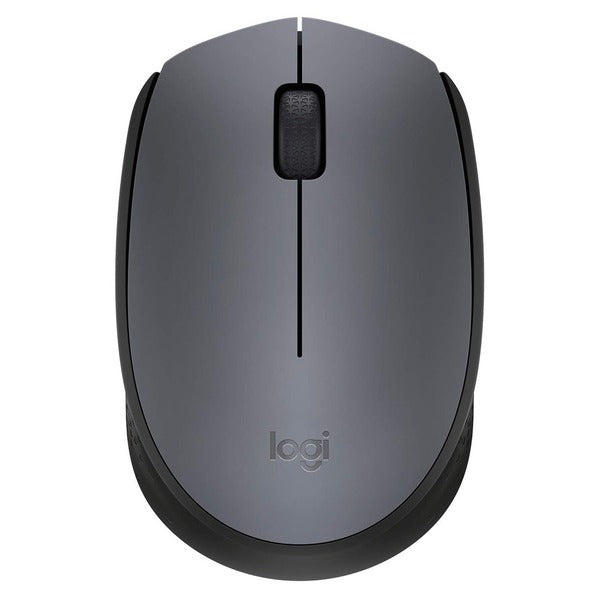Logitech wireless computer mouse in dark gray and black, shown from a top-down perspective on a white background.
