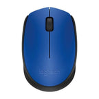 Logitech wireless computer mouse in blue and black, shown from a top-down perspective on a solid white background.