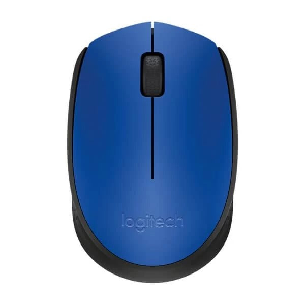 Logitech wireless computer mouse in blue and black, shown from a top-down perspective on a solid white background.