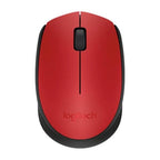 A Logitech wireless computer mouse in red and black, shown from a top-down perspective on a solid white background.