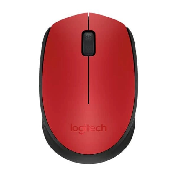 A Logitech wireless computer mouse in red and black, shown from a top-down perspective on a solid white background.