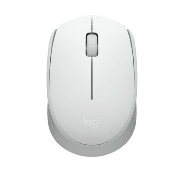 A Logitech wireless computer mouse in white, shown from a top-down perspective on a solid white background.