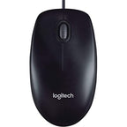 A black Logitech wired computer mouse shown from a top-down angle on a plain white background.