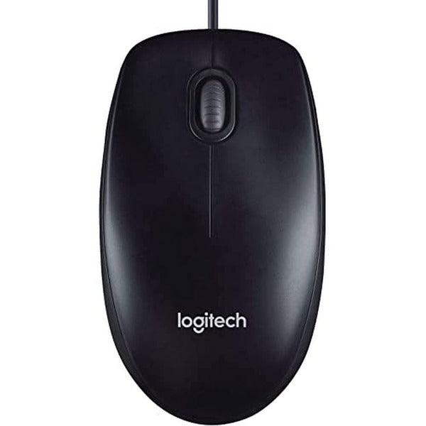 A black Logitech wired computer mouse shown from a top-down angle on a plain white background.