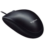 Black Logitech computer mouse on a white background