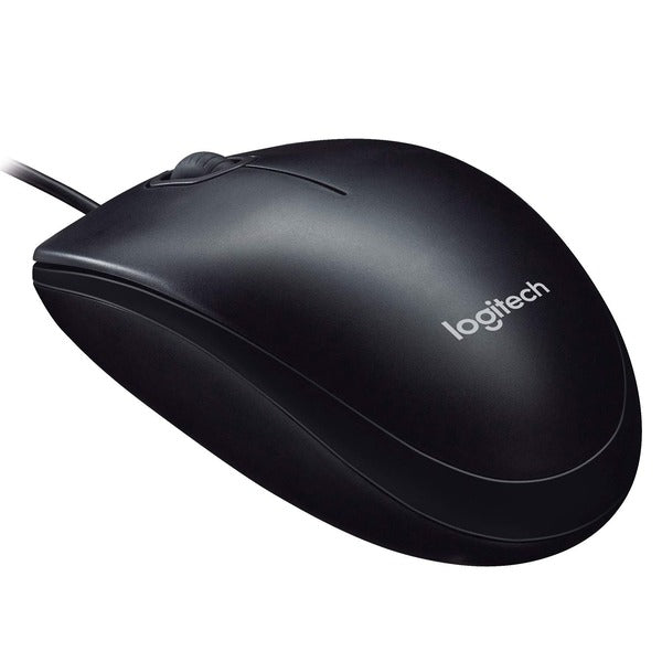 Black Logitech computer mouse on a white background