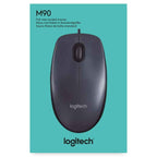 Logitech M90 mouse on a teal packaging background