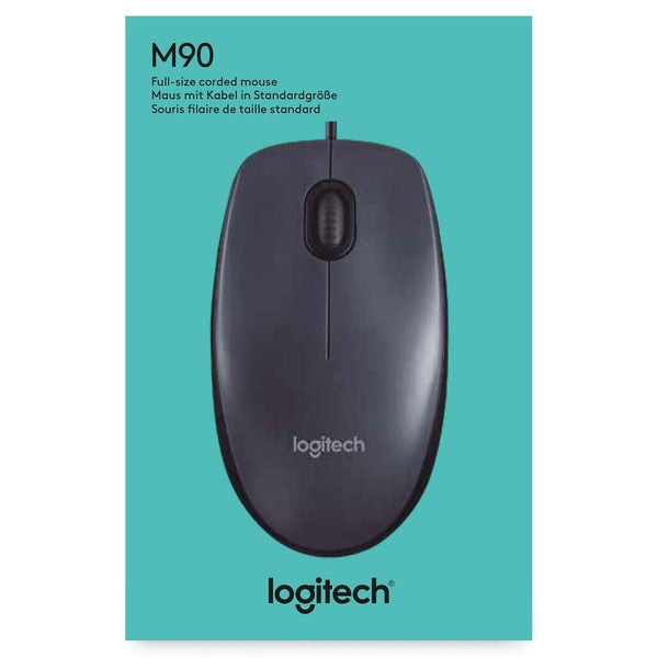 Logitech M90 mouse on a teal packaging background