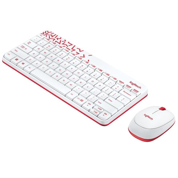 White and red Logitech keyboard and mouse set on a white background