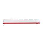 A white mechanical keyboard shown from a side profile view, featuring a vibrant red base trim and red keycaps, set against a solid white background.