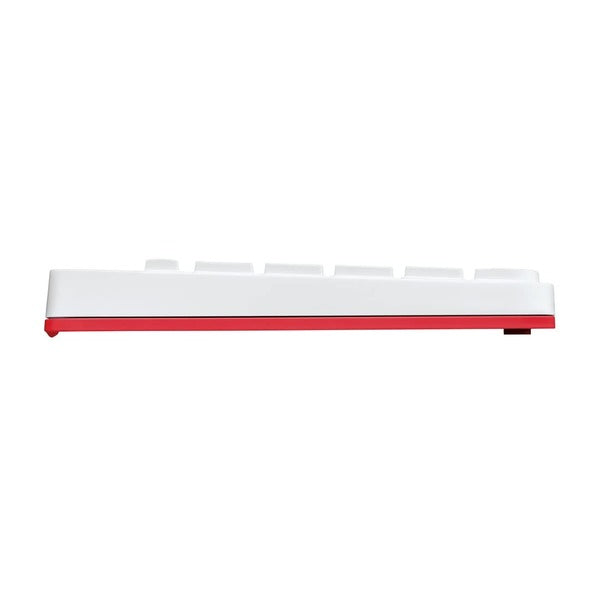 A white mechanical keyboard shown from a side profile view, featuring a vibrant red base trim and red keycaps, set against a solid white background.