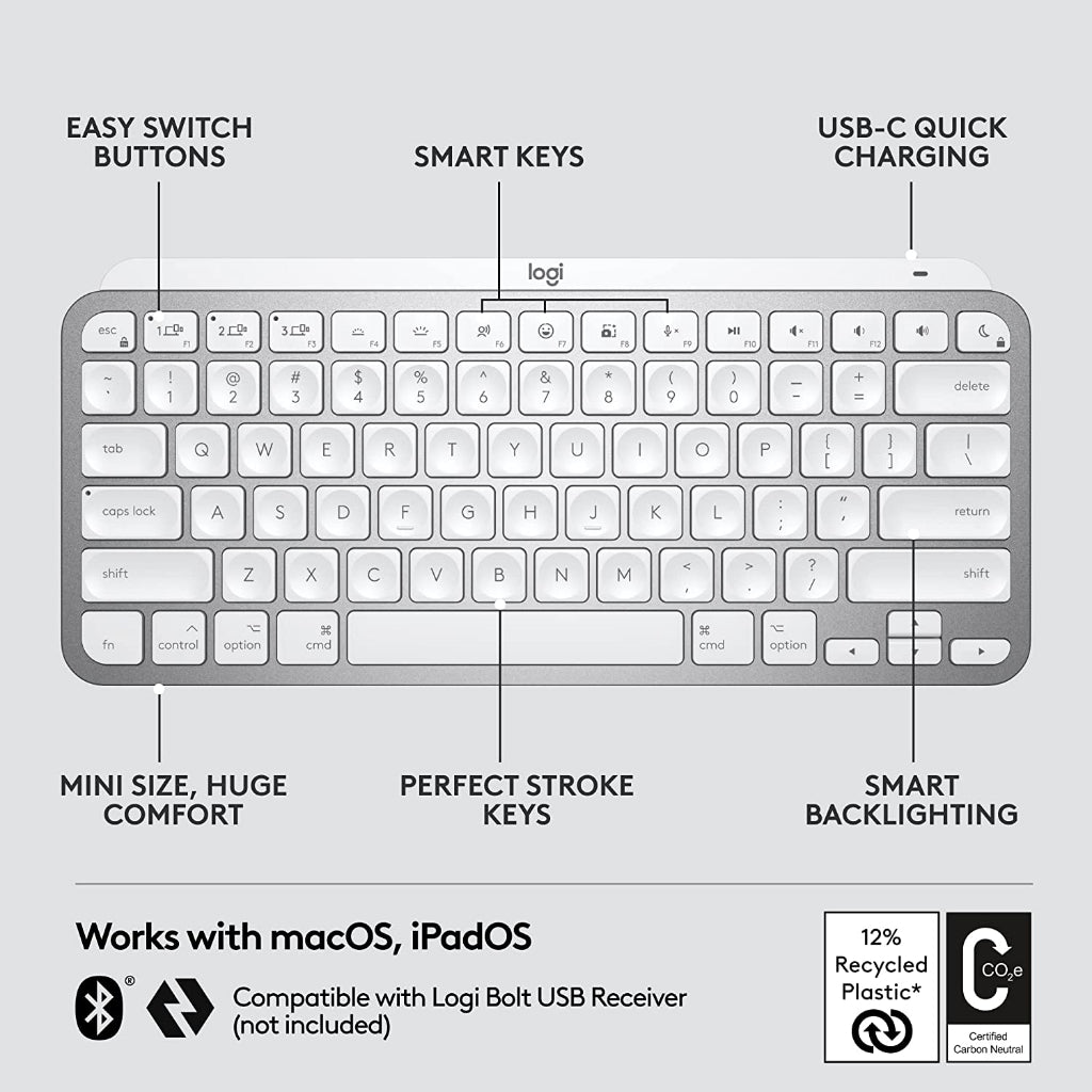 Logitech MX Keys Mini for Mac Minimalist Wireless Illuminated Keyboard - Pale Gray