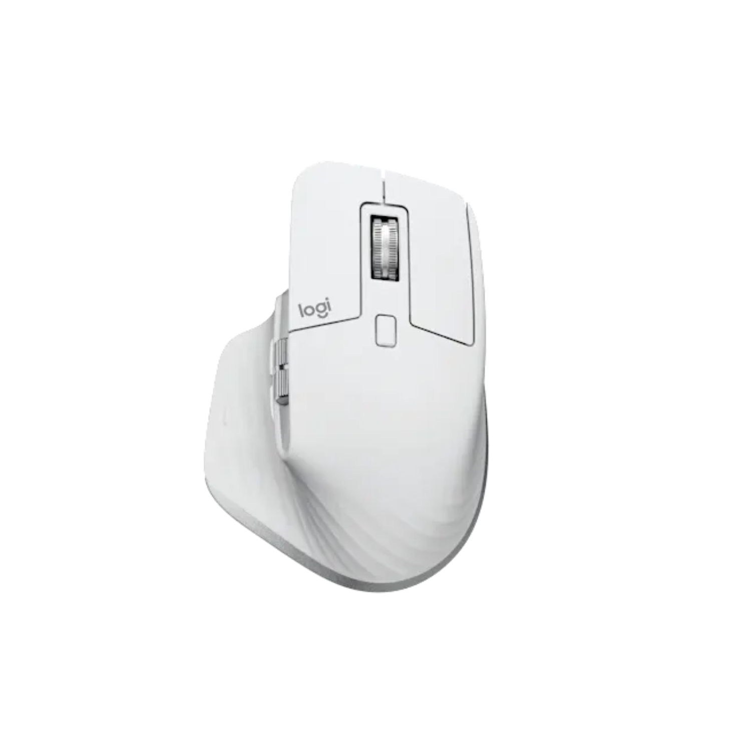 A white Logitech wireless mouse with an ergonomic side-profile design, shown on a solid white background.