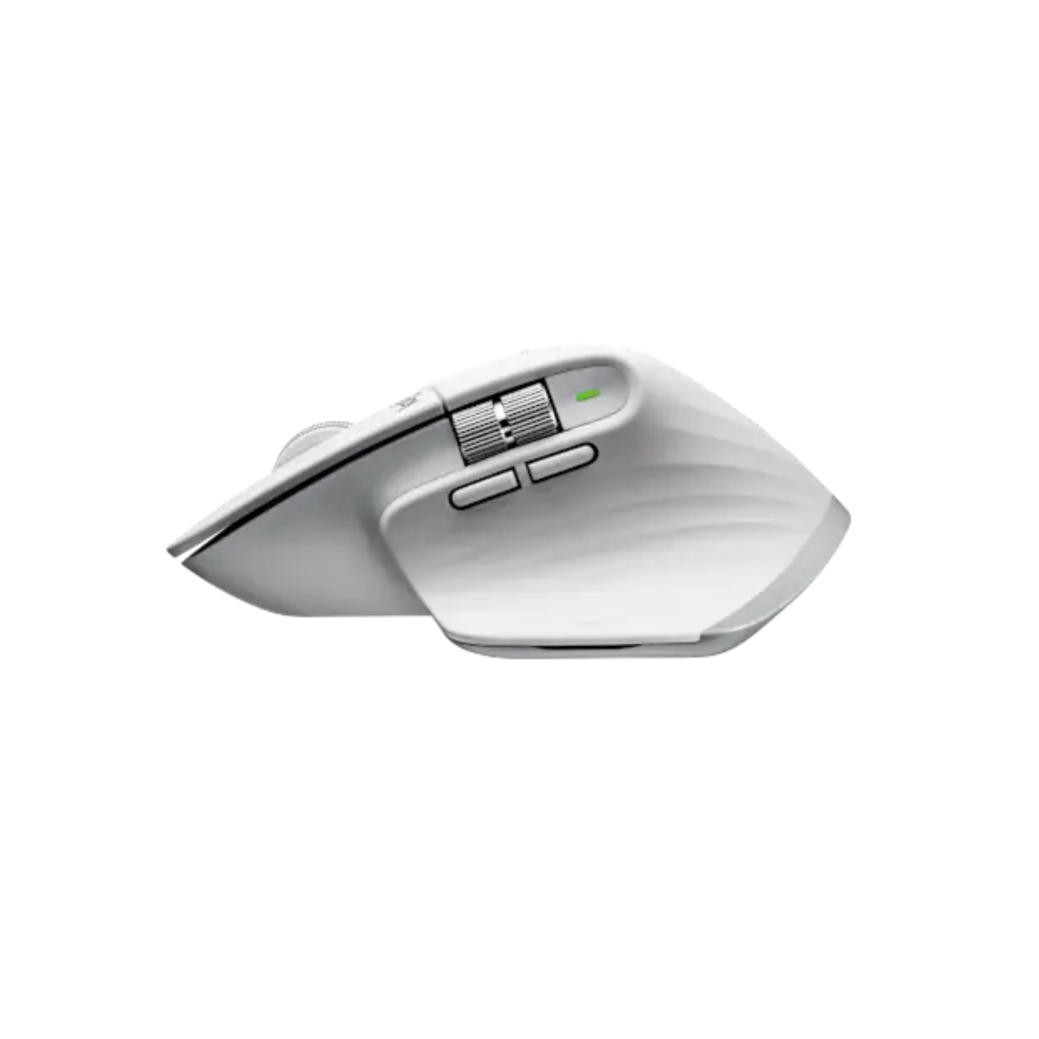 A white ergonomic wireless gaming mouse with a textured grip, scroll wheel, and a small green LED indicator light, shown on a plain white background.