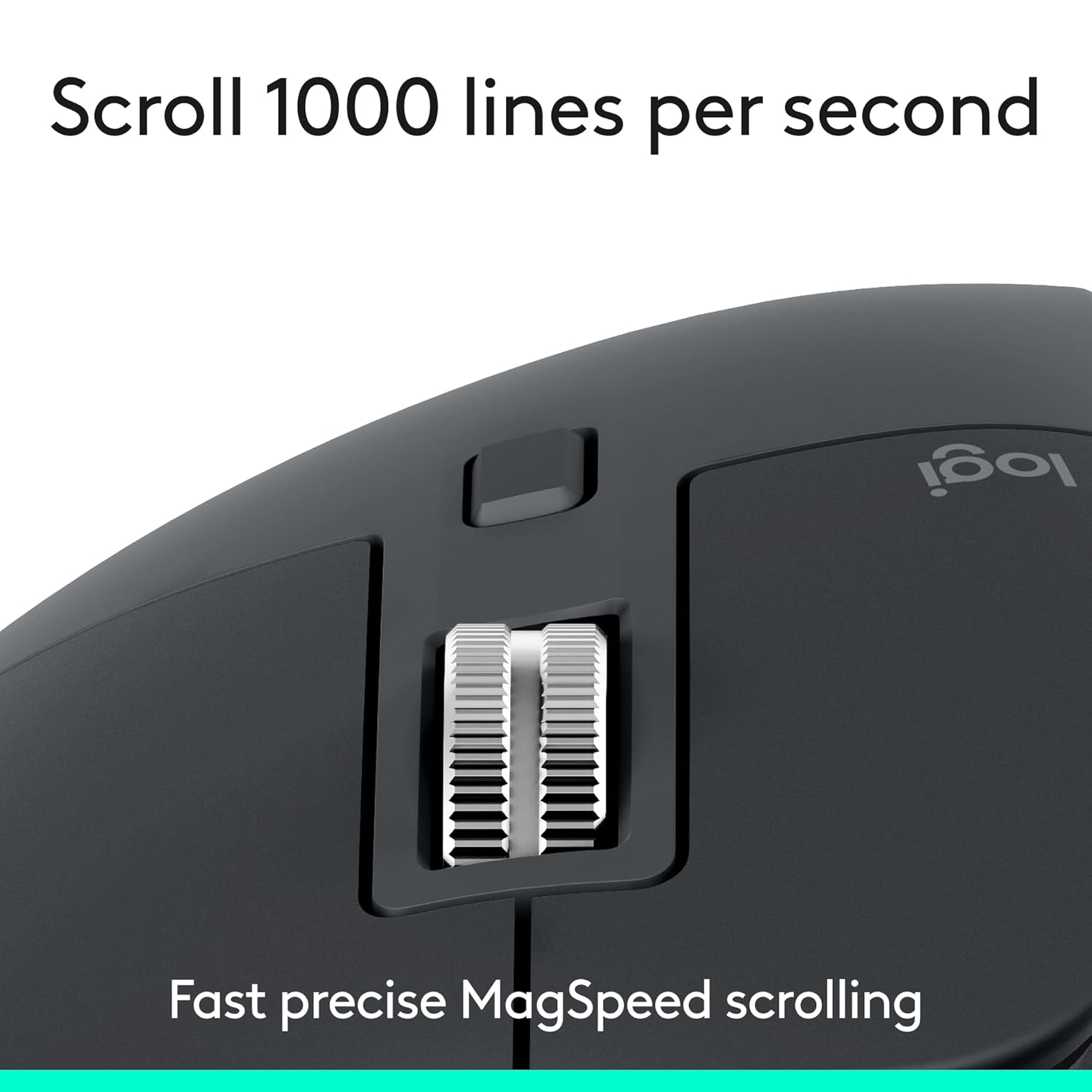 Black mouse with scroll wheel and Iogear branding, featuring text about scrolling speed.