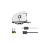 Logitech wireless mouse accessory set featuring a white and gray ergonomic mouse, a small USB receiver, and a gray USB-C charging cable on a white background.